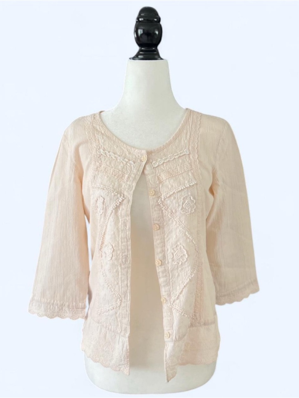 Embroidered Button Front Blouse Cottagecore Boho Coquette Top Large